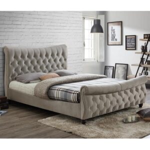 Berthold Super King Size Bed In Warm Stone With Dark Wood Feet