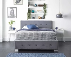 Side Opening Storage Ottoman Bed Available in Grey Linen, Steel Plush Velvet or Silver Crushed Velvet Fabric Finishes