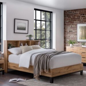 Baara Wooden King Size Bed With Bookcase Headboard In Oak