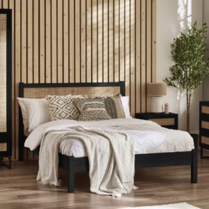 Pabla Wooden King Size Bed With Rattan Headboard In Black