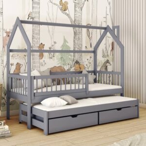 Pago Trundle Wooden Single Bed In Grey With Bonnell Mattress