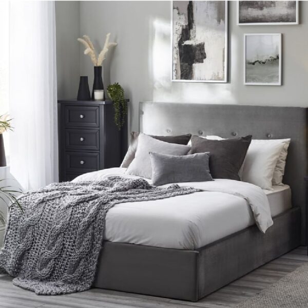 Silvis Velvet Storage Ottoman Double Bed In Grey