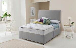 Silentnight Amsterdam Miracoil Ortho Divan Bed Set, Double, Full Ottoman Storage, Matching Castello Headboard, Sandstone