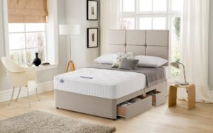 Silentnight Essentials Memory Mirapocket 1000 Divan Bed Set, King Size, Half Ottoman + 2 Half Drawers, Matching Selene Headboard, Sandstone