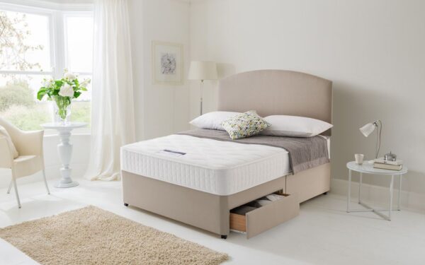 Silentnight Essentials Mirapocket 1000 Divan Bed Set, Double, Full Ottoman Storage, Matching Palermo Headboard, Sandstone