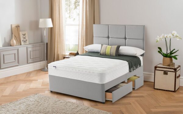 Silentnight Rio Miracoil Cushion Top Divan Bed Set, Double, Full Ottoman Storage, Matching Castello Headboard, Slate Grey