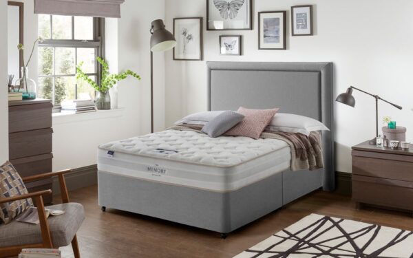 Silentnight Seoul Miracoil Memory Divan Bed Set, Double, Full Ottoman Storage, Matching Palermo Headboard, Sandstone